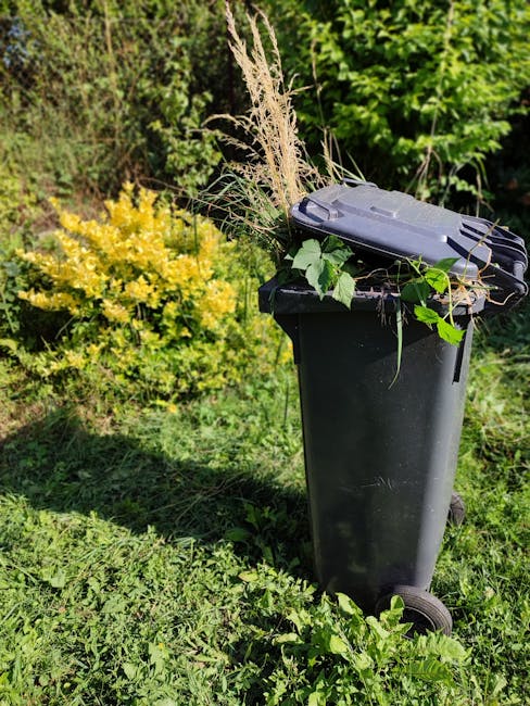 A person wearing a navy blue jacket, matching trousers, and a beige sun hat is crouched down beside a neatly trimmed hedge, placing autumn leaves into a black plastic refuse sack. The scene takes place outdoors on a paved pathway, adjacent to a green wheelie bin with its lid open and positioned on the grass. In the background, there is a weathered wooden fence and some tall trees, with sunlight filtering through the foliage, casting natural light over the scene. The hedge, which is dense with small, dark green leaves, runs parallel to the pathway and is bordered by the bin and the person’s activity. The image reflects an onsite garden waste collection or disposal context, highlighting the importance of manual clearance and proper waste handling, with the presence of the bin subtly suggesting a private alternative to council garden waste services. The scene's clarity, natural lighting, and detailed textures of the hedge, leaves, and equipment support its relevance for content related to rubbish removal services provided by companies like Rubbish Clearance Lambeth.