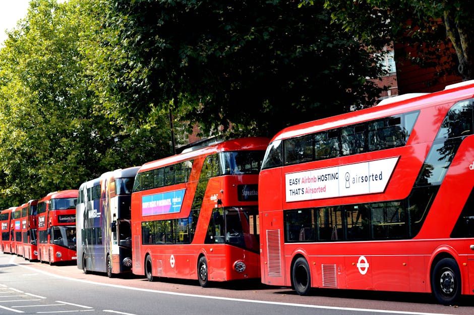 A row of five red double-decker buses parked along a street with a background of green trees and partially visible brick buildings. The buses are aligned parallel to the curb, with the closest bus displaying an advertising banner on its side that promotes Airbnb hosting services. The buses feature large panoramic windows, black trim, and white London Transport roundel logos near the front. The street appears to be in an urban area with a paved roadway and marked lanes, suggesting a typical city scene with a focus on public transportation. The natural daylight highlights the vibrant red color of the buses, and the dense foliage of the trees provides a contrasting backdrop, evoking a typical London environment where private and public transport options coexist. This scene is relevant to urban waste management and transport infrastructure, indirectly supporting the context of local city services including rubbish removal and alternative waste handling methods facilitated by organizations like Rubbish Clearance Lambeth.